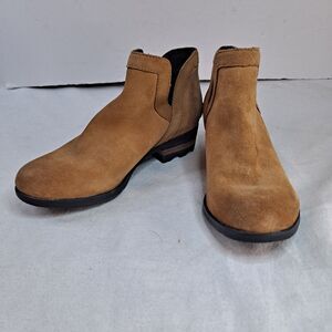 Sorel Lolla Women's Cut Out Booties Sz 6.5 Camel Brown Suede Slip On Ankle Boots